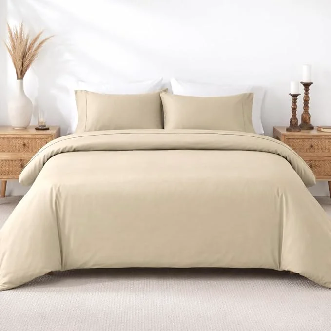 Verified California Design Den 3 Pc Cotton Duvet Cover Set Queen Size Full Size – Winner Good Housekeeping Bedding Awards 2025 400 Thread Count Sateen Soft and Durable – Beige Golden Tone Top-Quality