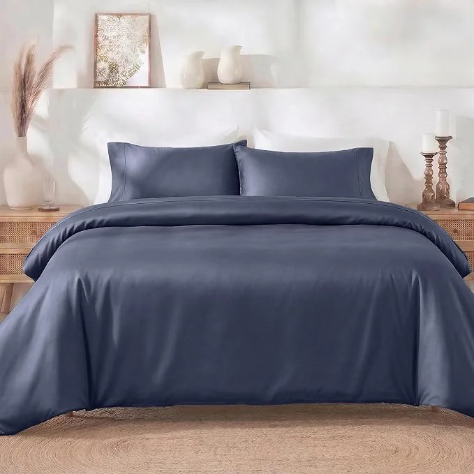 Eco-Friendly California Design Den 3 Pc Full Queen Duvet Cover Set – Winner Good Housekeeping Bedding Awards 2025 400 Thread Count Sateen Cotton Button Closure Corner Ties – Indigo Dusty Blue Durable