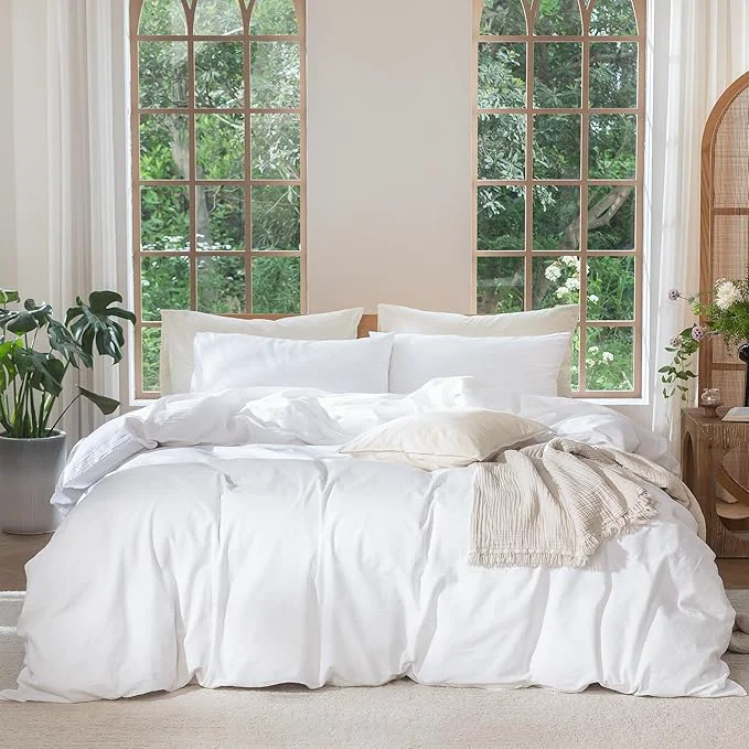 Unique MooMee Bedding Duvet Cover Set Washed Cotton Linen Like Textured Breathable Durable Soft Comfy Solid Bright White Oversized King Plus 128 quot x120 quot Sophisticated