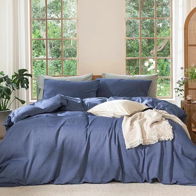 Smart MooMee Bedding Duvet Cover Set Washed Cotton Linen Like Textured Breathable Durable Soft Comfy Heathered Blue Twin 68 quot x90 quot Quality
