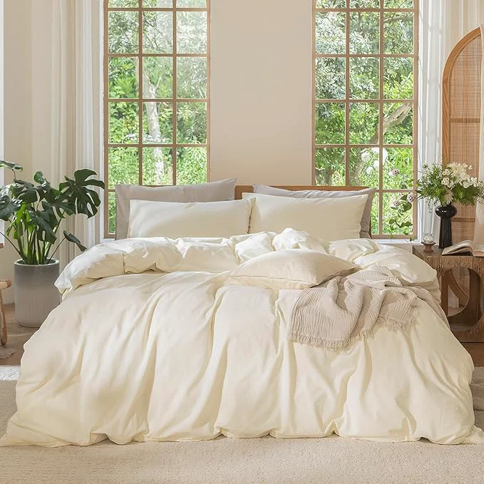 Expertly Made MooMee Bedding Duvet Cover Set Washed Cotton Linen Like Textured Breathable Durable Soft Comfy Solid Cream White Oversized King Plus 128 quot x120 quot Prestigious