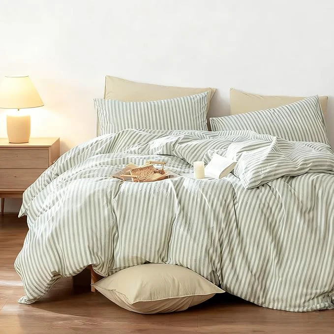 Solid Nayoroom Striped Duvet Cover Queen Size – Washed Cotton White Duvet Cover with Green Stripes Pattern 3 Pieces Soft Breathable Girls Dorm Bedding Set for Hot Sleepers Yarn Dyed Process Responsible
