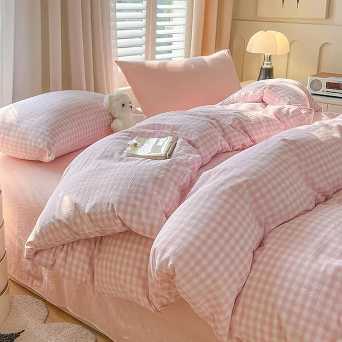 Selected Nayoroom Gingham Duvet Cover King Size Pink White Plaid Checkered Comforter Cover 3 Pcs Soft Breathable Washed Microfiber Grid Farmhouse Bedding Set with Pillow Shams Versatile