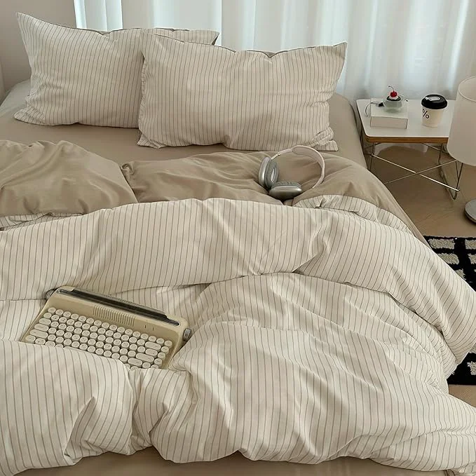 Verified Nayoroom Brown Striped Duvet Cover Queen Size Washed Cotton Duvet Cover Linen Like Textured Reversible 3 Pieces Soft Breathable Yarn-Dyed Stripe Girls Dorm Bedding Set for All Seasons Original