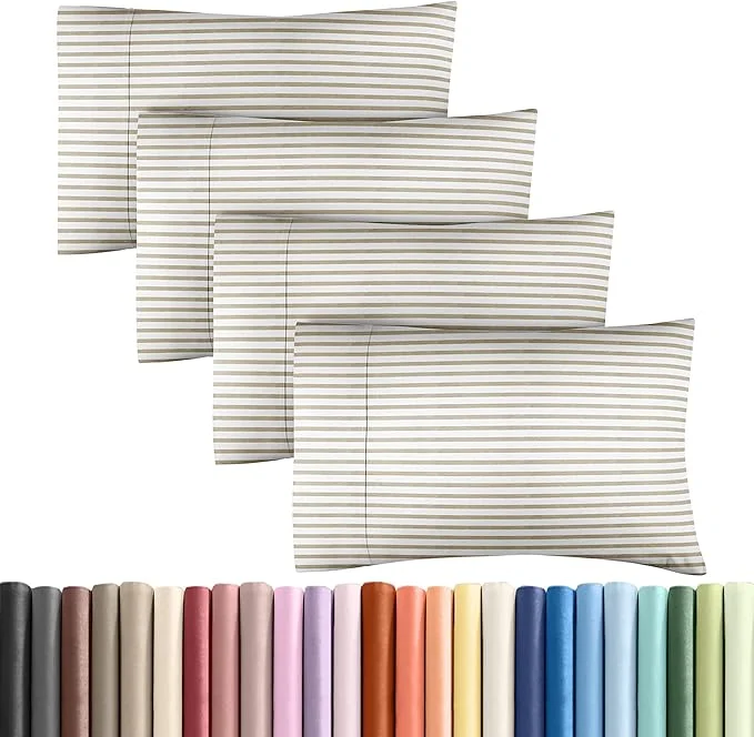 Practical Queen Pillow Cases Set of 4 – Ultra Soft Hotel Quality Pillowcase Covers – Comfy Cozy amp Wrinkle – Shrinkage amp Fade Resistant – Machine Washable Pillow Protectors – 4 Piece Set – Beige Stripes 2 Recyclable