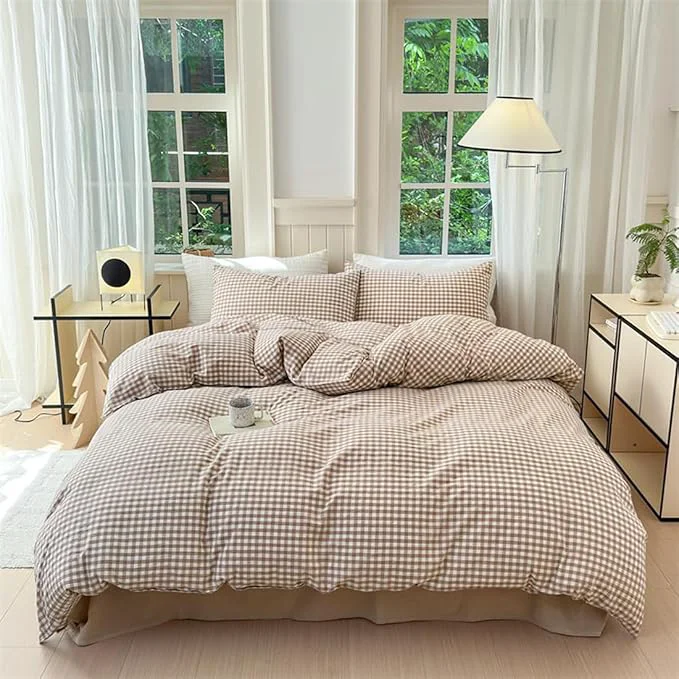 Fine Nayoroom Brown Gingham Duvet Cover Twin Size Tan White Plaid Checkered Duvet Cover Grid Dorm Bedding Set 2 Pieces Soft Lightweight Washed Microfiber Farmhouse Bedding with Pillowcases Green