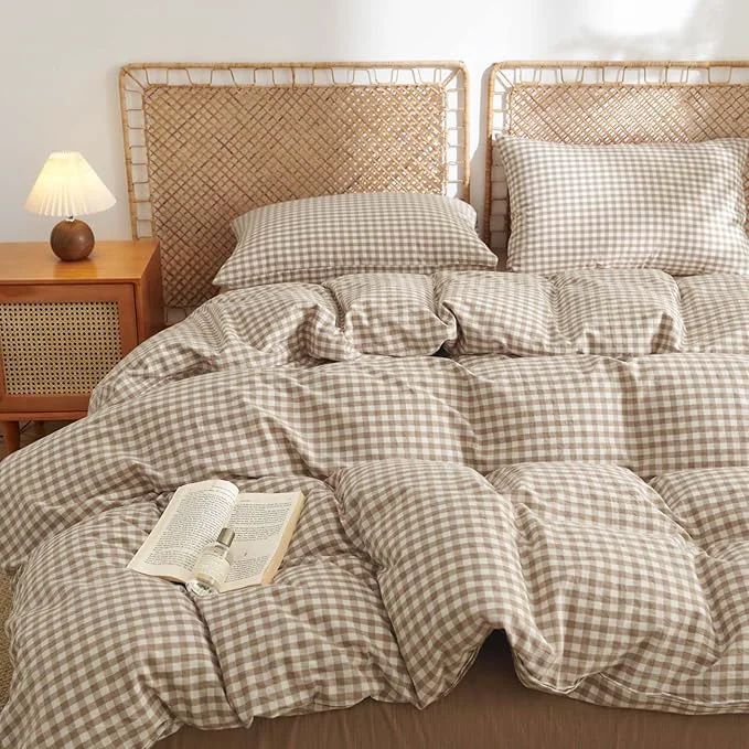 Optimized Nayoroom Gingham Duvet Cover King Size Washed Cotton Brown Tan Plaid Checkered Comforter Cover 3 Pcs Soft Breathable Grid Farmhouse Dorm Bedding Set for All Seasons Reusable