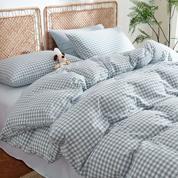 Next-Generation Nayoroom Gingham Duvet Cover Queen Size Washed Cotton Blue Plaid Checkered Comforter Cover 3 Pcs Soft Breathable Grid Farmhouse Dorm Bedding Set for All Seasons Durable