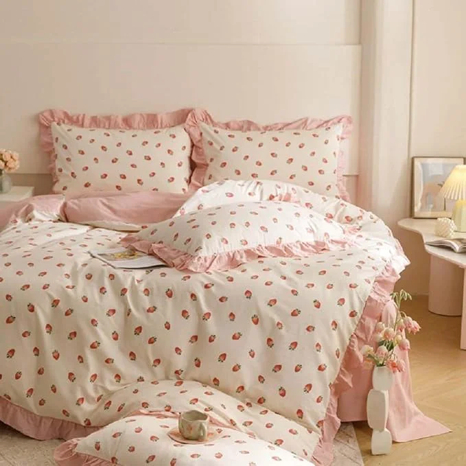 Authentic Nayoroom Ruffle Duvet Cover Full Size Pink Strawberry Printed on White Ruffled Bedding Set 3Pcs Reversible Kids Girls Cute Kawaii Coquette Comforter Cover Soft Lightweight Microfiber Durable