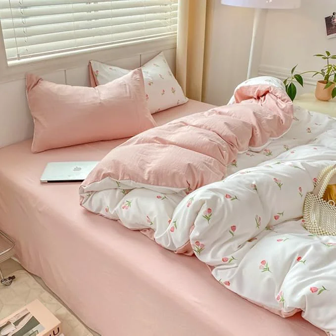 Lightweight Nayoroom Pink Floral Duvet Cover Queen Size Coquette Tulip Printed on White Reversible Comforter Cover 3Pcs Kids Girls Cottagecore Bedding Set with Zipper Closure Soft Breathable Microfiber Consistent