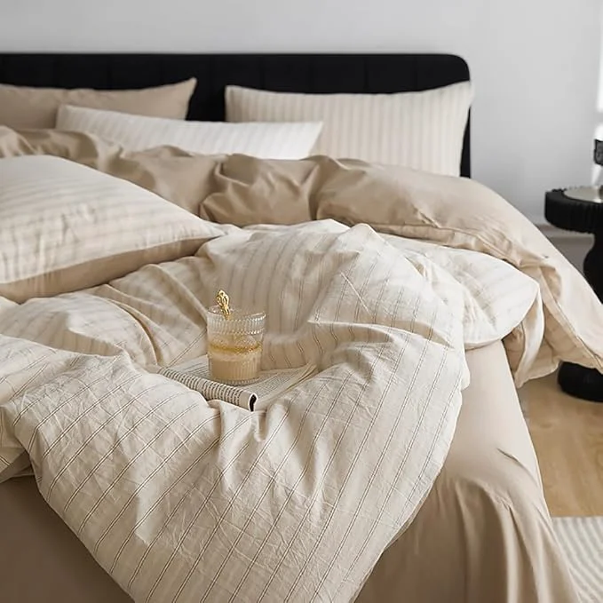 Premium Material Nayoroom Beige Striped Duvet Cover Queen Size Washed Cotton Duvet Cover Linen Like Textured Reversible 3 Pieces Soft Breathable Yarn-Dyed Stripe Girls Dorm Bedding Set for All Seasons Smooth