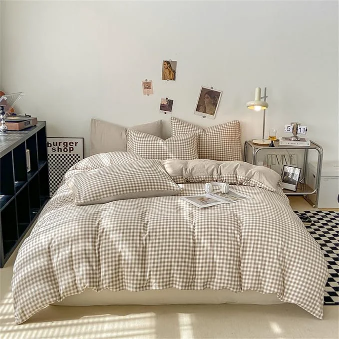 Luxury Nayoroom Gingham Duvet Cover Queen Size Brown Tan Plaid Checkered Comforter Cover 3 Pieces Soft Lightweight Washed Microfiber Farmhouse Grid Dorm Bedding Set with Pillowcases Green