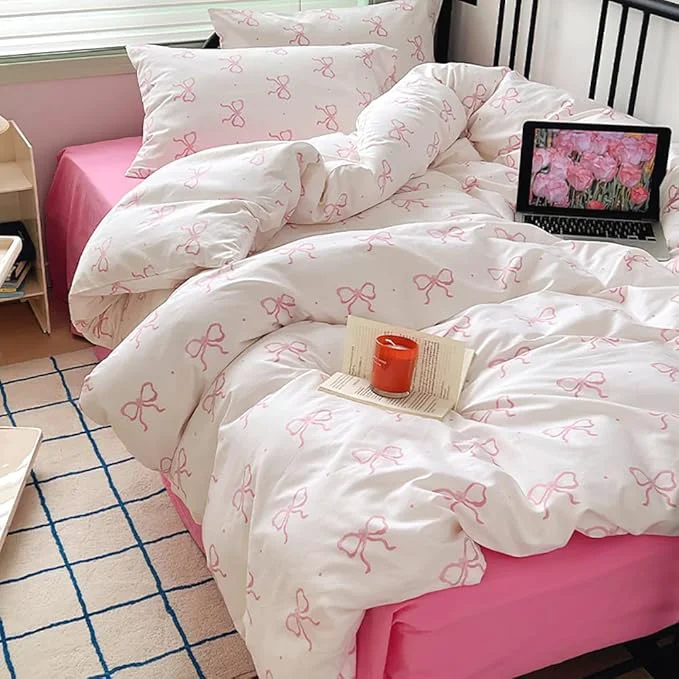 World-Class Nayoroom Pink Bow Duvet Cover Queen Size Polka Dot Bowknot Coquette Duvet Cover 3 Pieces Soft Lightweight Microfiber Girls Cute Aesthetic Dorm Bedding Set Reusable