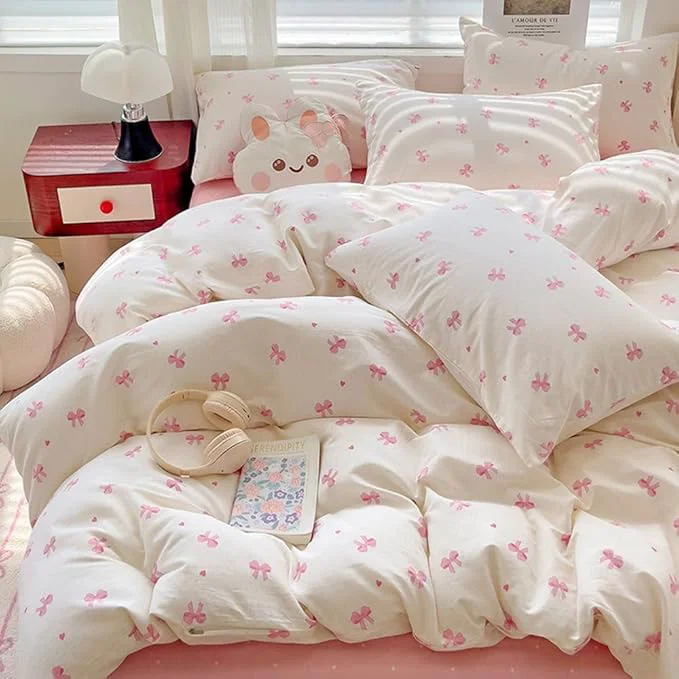 Elite Nayoroom Pink Bow Duvet Cover Queen Size Heart Bows Printed Coquette Bedding Set 3 Pcs Kids Girls Cute Comforter Cover with Zipper Closure Soft Breathable Microfiber Traditional