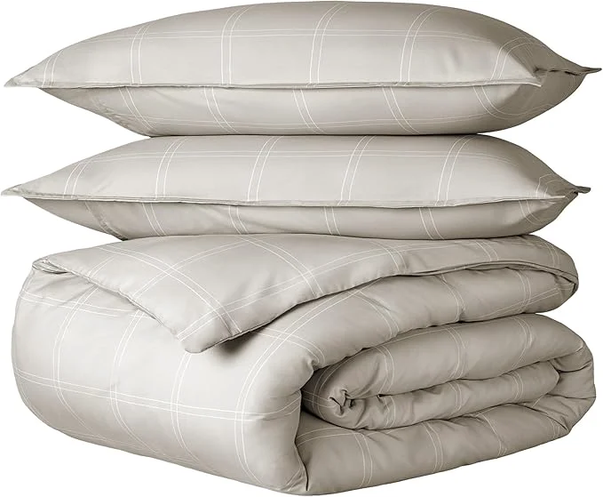 Stylish Bare Home Bedding Duvet Cover Queen Size – Premium 1800 Super Soft Collection – Lightweight Duvet Cover – Soft Textured Bedding Queen Modern Plaid – Stone White Comfortable