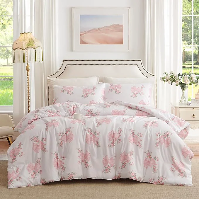 Fast Nayoroom Pink Bow Duvet Cover Full Size Coquette Pink Floral Duvet Cover 3 Pieces Soft Lightweight Microfiber Girls Cute Aesthetic Dorm Bedding Set Top-Quality