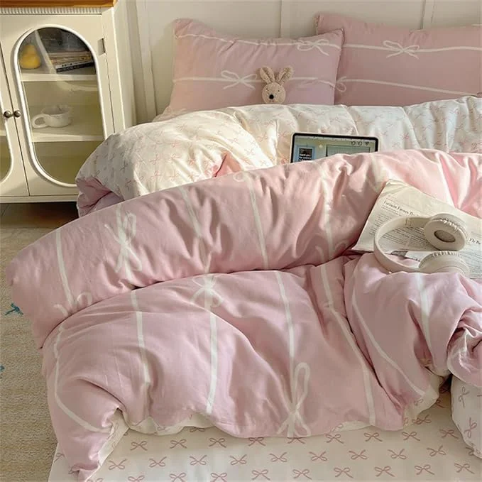 Durable Nayoroom Pink Bow Duvet Cover Queen Size Kids Girls Cute Coquette Bedding Set 3 Pcs Soft Microfiber Reversible White Striped Comforter Cover Gifts for Women Recyclable