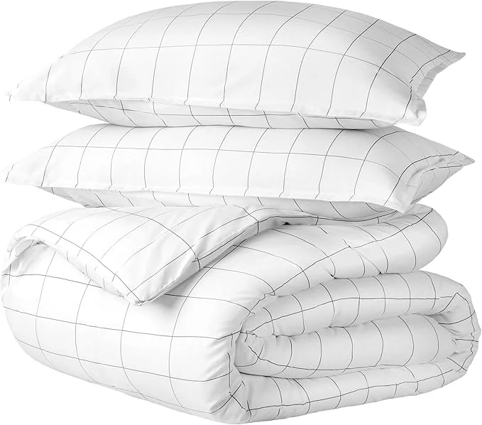 Certified Bare Home Duvet Cover – Oversized Queen Size Bedding Set – Premium 1800 Super Soft Collection – Lightweight Cooling – Soft Breathable Duvet Cover Oversized Queen Grid – White Grey Stylish