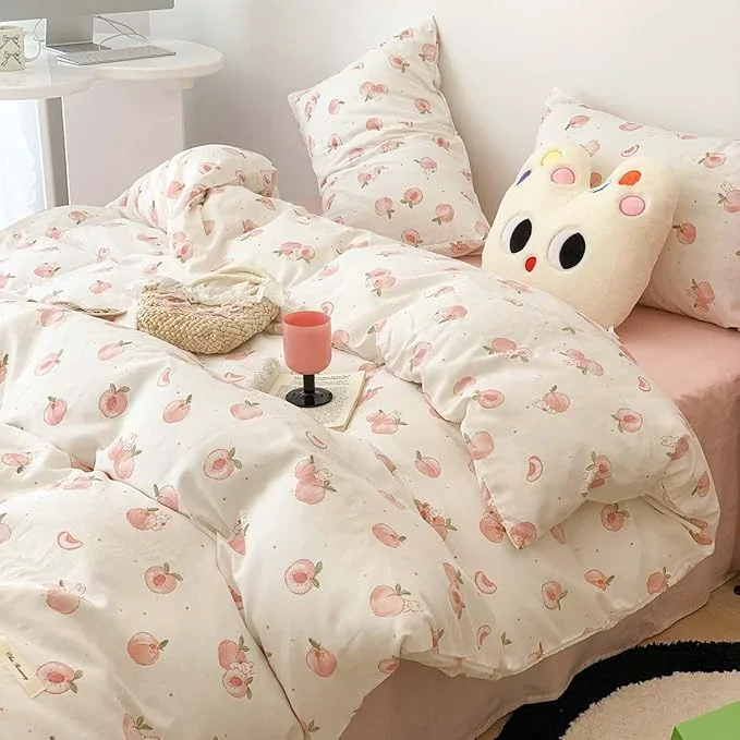 Convenient Nayoroom Pink Peach Duvet Cover Queen Size Kawaii Fruit Peaches Rabbit Printed on White Comforter Cover 3Pcs Kids Girls Soft Breathable Microfiber Cute Cartoon Bedding Set with Zipper Closure Top-Quality