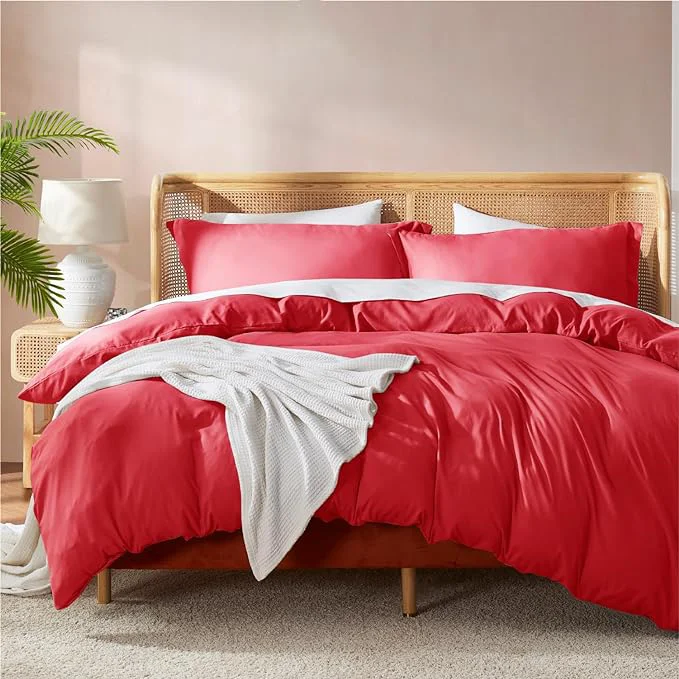 Enhanced Nestl Red Duvet Cover Full Size – Soft Double Brushed Full Size Duvet Cover Set 3 Piece with Button Closure 1 Duvet Cover 80×90 inches and 2 Pillow Shams Fine Crafted