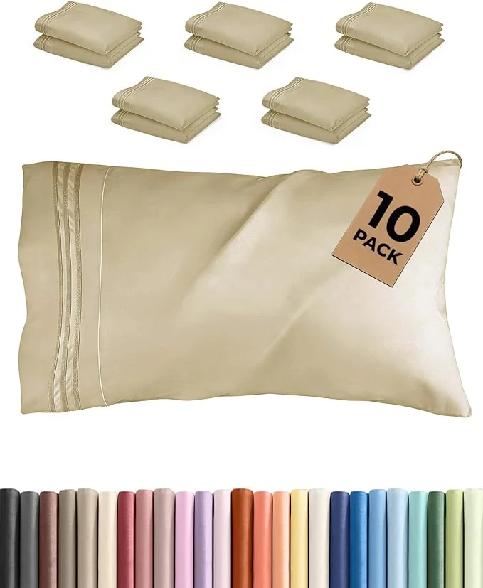 Convenient King Pillow Cases Set of 10 – Ultra Soft Hotel Quality Pillowcase Covers – Comfy amp Wrinkle – Shrink Stain and Fade Resistant – Easy-Care Machine Washable Pillow Protectors – 10 Pcs Set – Beige Prestigious