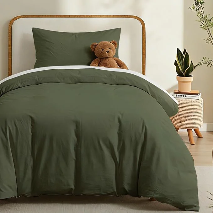 Flexible LOVQUE Olive Green Cotton Duvet Cover Twin Size Linen Like Natural Bedding Set with Zipper Closure No Comforter 68×90 Inches Fast
