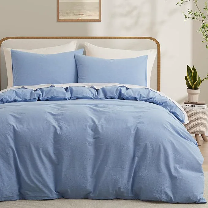 Casual LOVQUE Light Blue Duvet Cover Full Size Washed Cotton Linen Like Bedding Set with Zipper Closure No Comforter 80×90 Inches Smooth