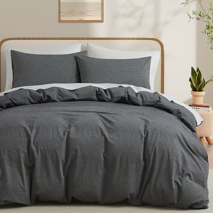 Original LOVQUE Washed Cotton Duvet Cover Queen Size Grey Fade-Resistant Natural Bedding Set No Comforter 90×90 Inches High-Quality