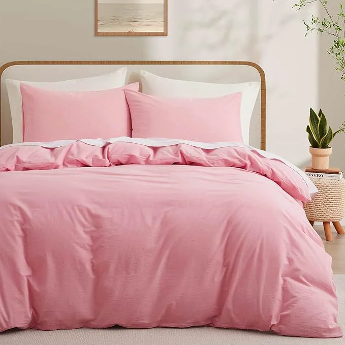 Quality LOVQUE Pink Cotton Duvet Cover Queen Size Linen Like Natural Bedding Set with Zipper Closure No Comforter 90×90 Inches Carefully Designed