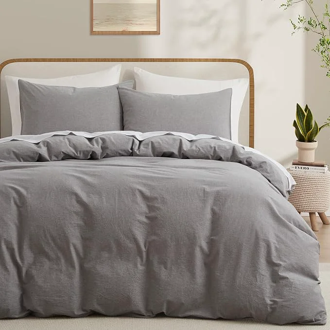 Exclusive LOVQUE Light Grey Cotton Duvet Cover Queen Size Linen Like Natural Bedding Set with Zipper Closure No Comforter 90×90 Inches Authentic