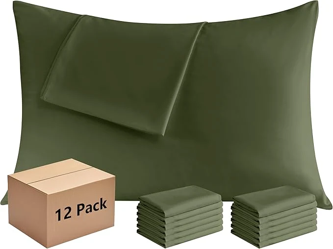 World-Class Pillowcases Queen 12 Pack 20×30 Pillow Cases with Envelope Closure Soft Plain Brushed Microfiber Covers Breathable Wrinkle-Resistant Olive Green Clean