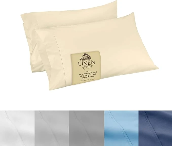 Elite Linen Home 500 Thread Count King Pillowcase Set Long-Staple Cotton Pillow Cases Soft amp Smooth Luxury Satin Set of 2 Pillowcases 4 Inch Z Hem Ivory Unique