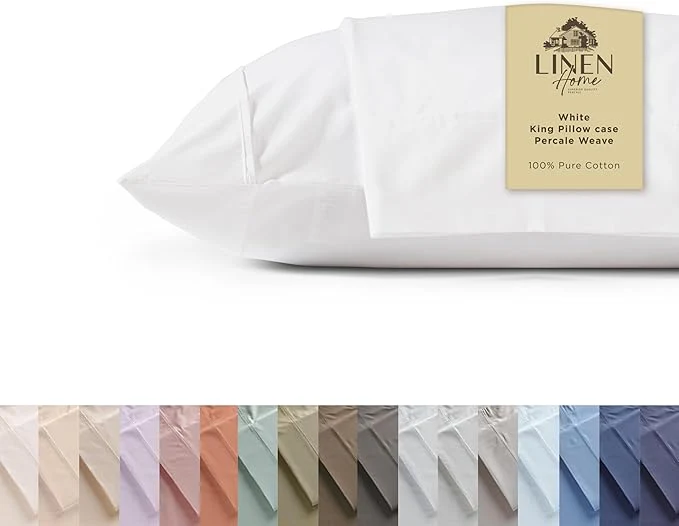 Unique Linen Home Cotton Percale Pillowcases King Size White 2 Pieces of Pillow Case Crisp and Cool Strong Bed Linen 20 inches X 40 inches Long-Lasting