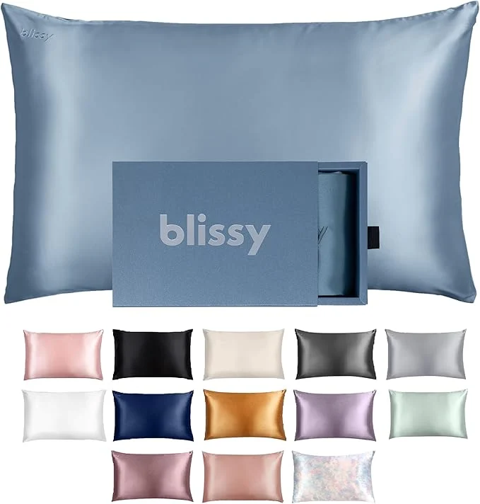 Relaxed Blissy Silk Pillowcase – Pure Mulberry Silk – 22 Momme 6A High-Grade Fibers – Silk Pillow Cover for Hair amp Skin – Regular Queen amp King Ash Blue Queen Official