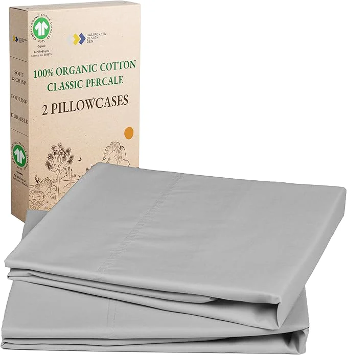Elite California Design Den Organic Cotton Pillow Cases Standard Size Queen Size Set of 2 Soft amp Crisp Percale Weave Cotton Pillowcases Light Grey Next-Generation
