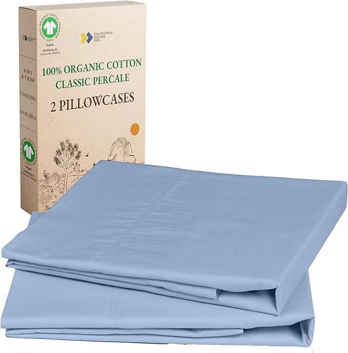 Powerful California Design Den King Size Pillow Cases Set of 2 – Soft Organic Cotton Pillow Cases with Envelope Closure Crisp Crisp and Durable Percale – Light Blue Sustainable