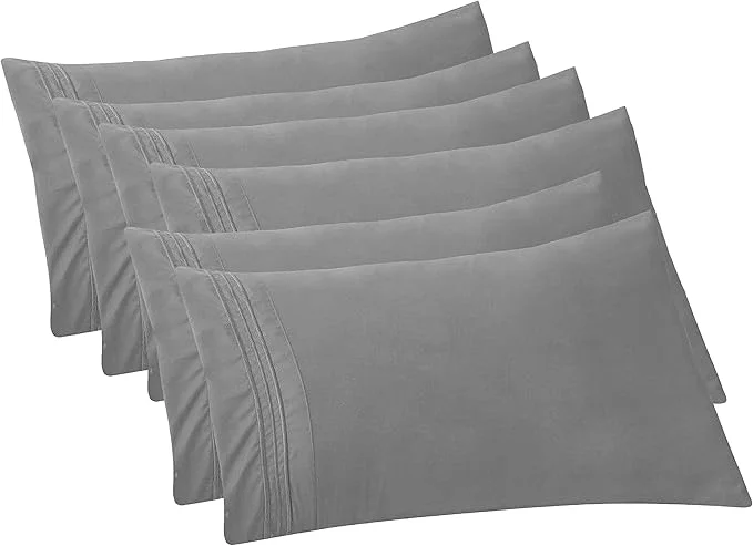 Versatile Elegant Comfort 6-PACK Solid Pillowcases 1500 Premium Hotel Quality Microfiber – Smooth Weave Wrinkle and Stain Resistant Easy Slip-On 6-Piece Set Standard Queen Pillowcase Gray