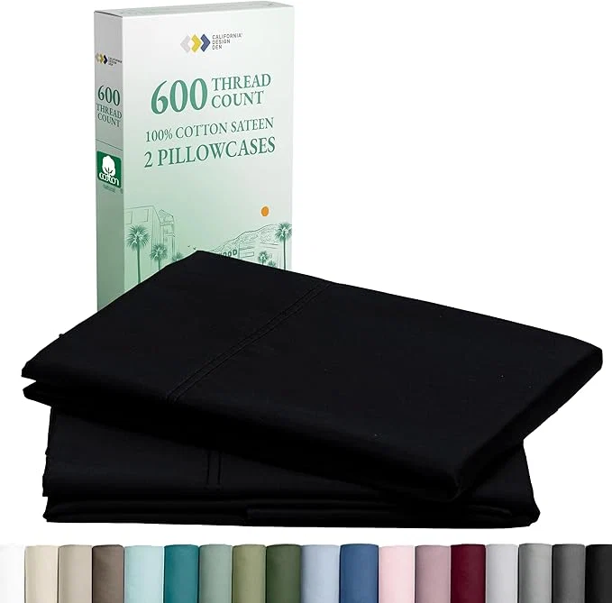 Excellent California Design Den Premium Pillow Cases King Size Set of 2-600 Thread Count Sateen Natural Cotton King Pillowcases Crisp Durable Bedding – Black Minimalist