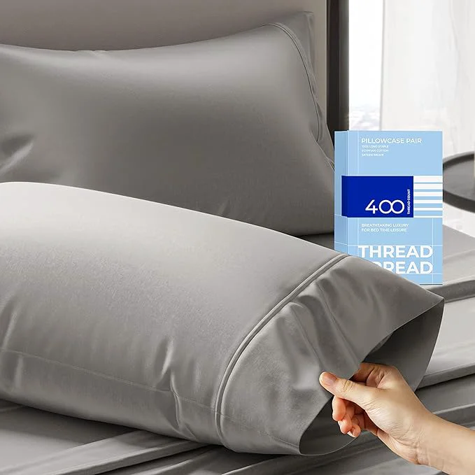 THREAD SPREAD Cotton Pillow Cases Queen Size Set of 2 – Luxury 400 Thread Count Queen Pillow Cases Dark Grey Soft Cooling Breathable Hotel Quality Cotton Pillowcases Fits Standard Pillows Premium