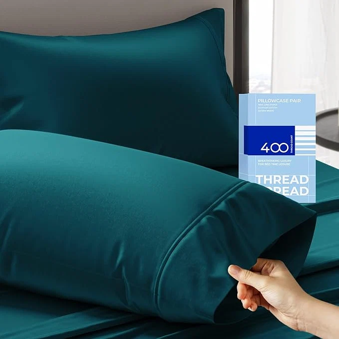 Recyclable THREAD SPREAD Cotton Pillow Cases Queen Size Set of 2 – Luxury 400 Thread Count Queen Pillow Cases Teal Soft Cooling Breathable Hotel Quality Cotton Pillowcases Fits Standard Pillows Original