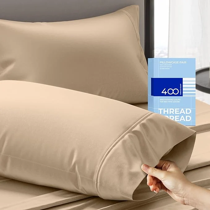 Enhanced THREAD SPREAD Cotton King Size Pillow Cases Set of 2 – Luxury 400 Thread Count Pillow Cases King Size Taupe Soft Cooling Breathable amp Durable Sateen Weave Hotel Quality Cotton Pillowcases Unique