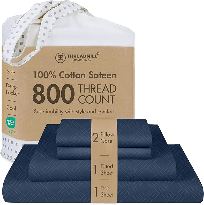 Long-Lasting Threadmill Queen Sheet Set for Queen Mattresses 800 Thread Count Jacquard Celine Folkstone Blue Better Than Egyptian Cotton 4 Pc Bed Sheets Elasticized Deep Pocket Cotton Sheets Original