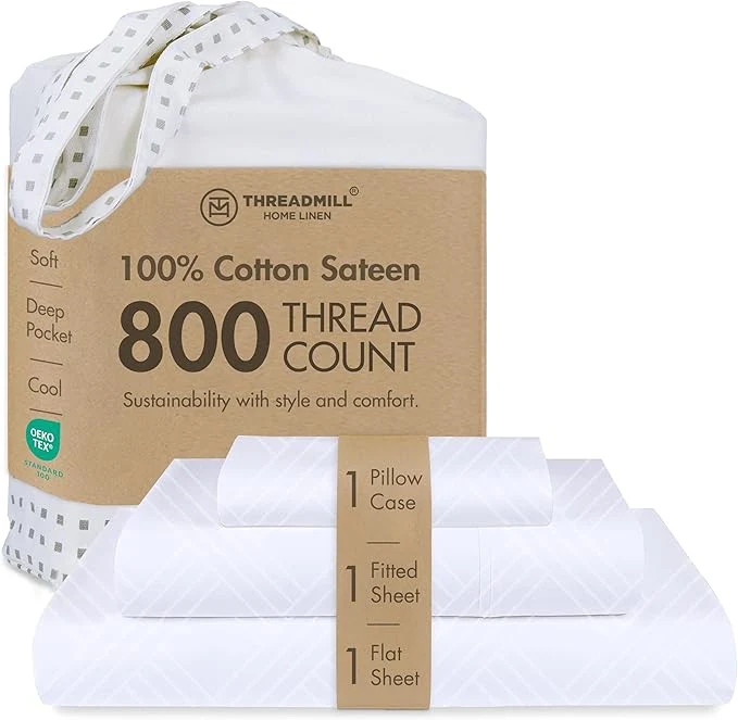 High-Quality Threadmill Twin Bed-Sheets – 800 Thread Count Jacquard Celine Hotel White Natural Cotton 3 Piece Striped Bed Set Extra Long Staple Cotton Comfy Damask Sheets with Elasticized Deep Pocket Environmentally Friendly