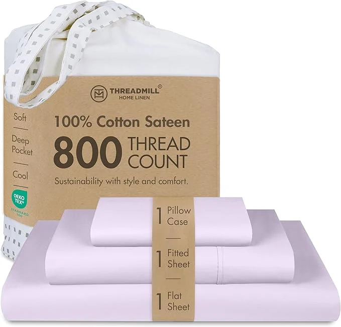 Comfortable Threadmill Sheets for Twin Mattress 800 Thread Count Twin Bed Sheets Set with 15 Deep Pocket Sateen Weave Better Than Egyptian Cotton 3-Piece Bedding Set with Cooling Effect Lilac Recyclable
