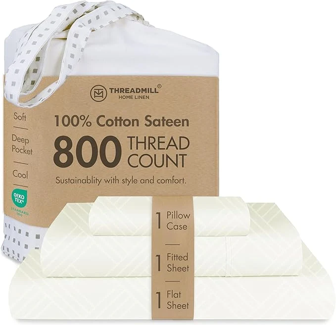 Functional Threadmill Twin Bed-Sheets – 800 Thread Count Jacquard Celine Ivory Natural Cotton 3 Piece Striped Bed Set Extra Long Staple Cotton Comfy Damask Sheets with Elasticized Deep Pocket Safe