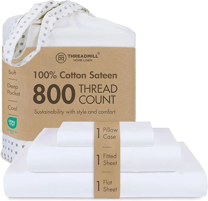 Secure Threadmill Luxury 800 Thread Count Twin Cotton Sheets – Hotel White Sateen Weave Bed-Sheets Better Than Egyptian Cotton 3 Pc Solid Soft Bedding Set Fits 15 quot Deep Pocket Eco-Friendly
