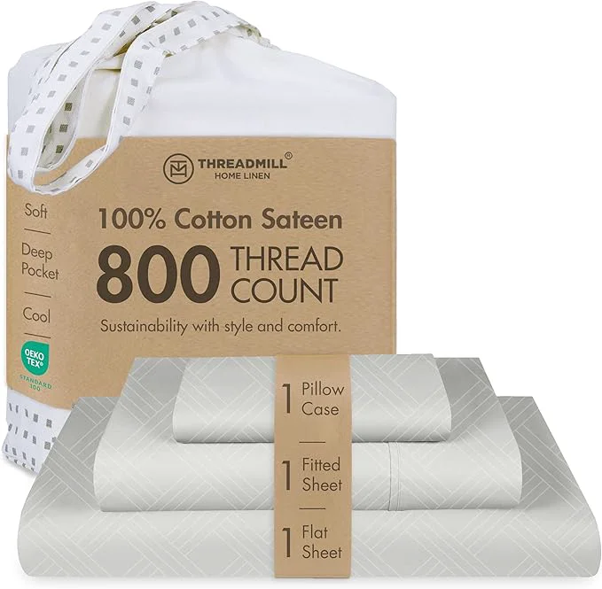 Refined Threadmill Twin Sheets for Twin Mattress 800 Thread Count Jacquard Celine Light Grey Sheet Cotton 3 Piece Bed Sheets Extra Long Staple Cotton Cotton Sheets with Elasticized Deep Pocket Fine