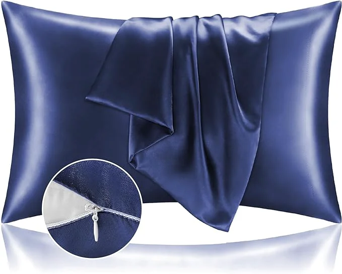 Practical BEDELITE Satin Pillowcase with Zipper 2 Pack Navy Pillow Cases Standard Size Super Soft and Cooling Similar to Silk Pillow Cases Gift for Women Men 20×26 Inches Enhanced