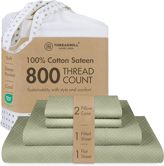 Next-Generation Threadmill California King Size Sheets 800 Thread Count Jacquard Celine Sage Green 4 Piece Striped Bed Sheets Extra Long Staple Cotton Sheet Luxury Damask Sheets with Elasticized Deep Pocket Elite