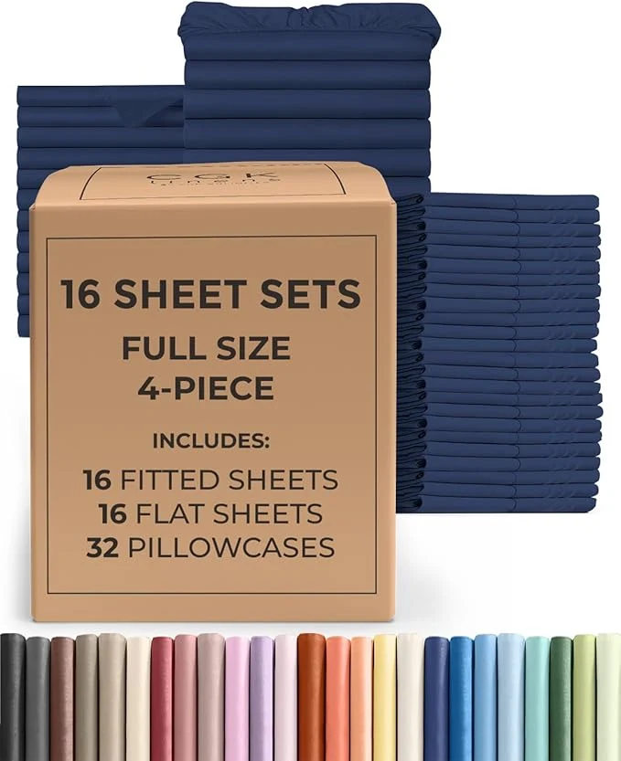 User-Friendly Bulk Case Pack of 16 Sheet Sets – 16 Complete Full Size Sheet Sets w Deep Pockets – Whole Bulk Bedding for Hotels Spas amp Airbnbs – Breathable Cooling Soft amp Wrinkle – Full Navy Blue Convenient